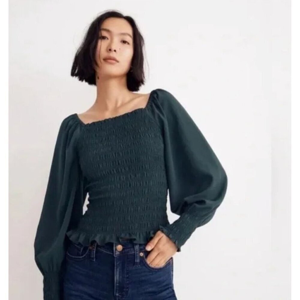 Madewell Womens Lucie Bubble-Sleeve Smocked Top Size Small Green Palm SP NWT